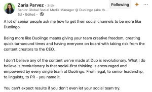 Duolingo Social Media Strategist Post